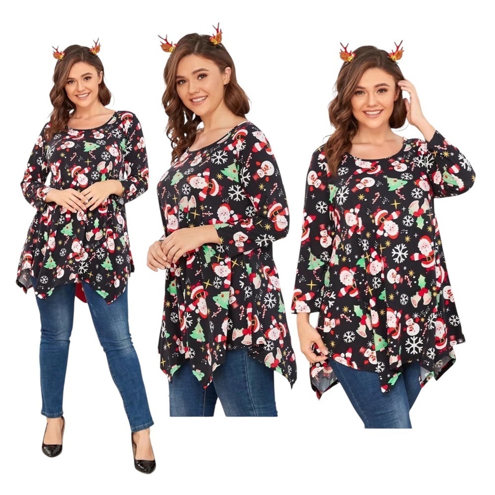 Larace Christmas Tunic Top Handkerchief Hem  3/4 Sleeve Round Neck Holiday Med - Picture 4 of 16